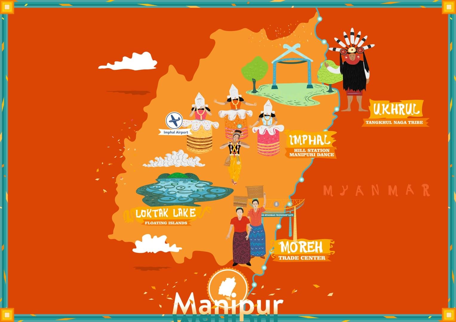 Illustrated Travel and Tourism Map of Manipur