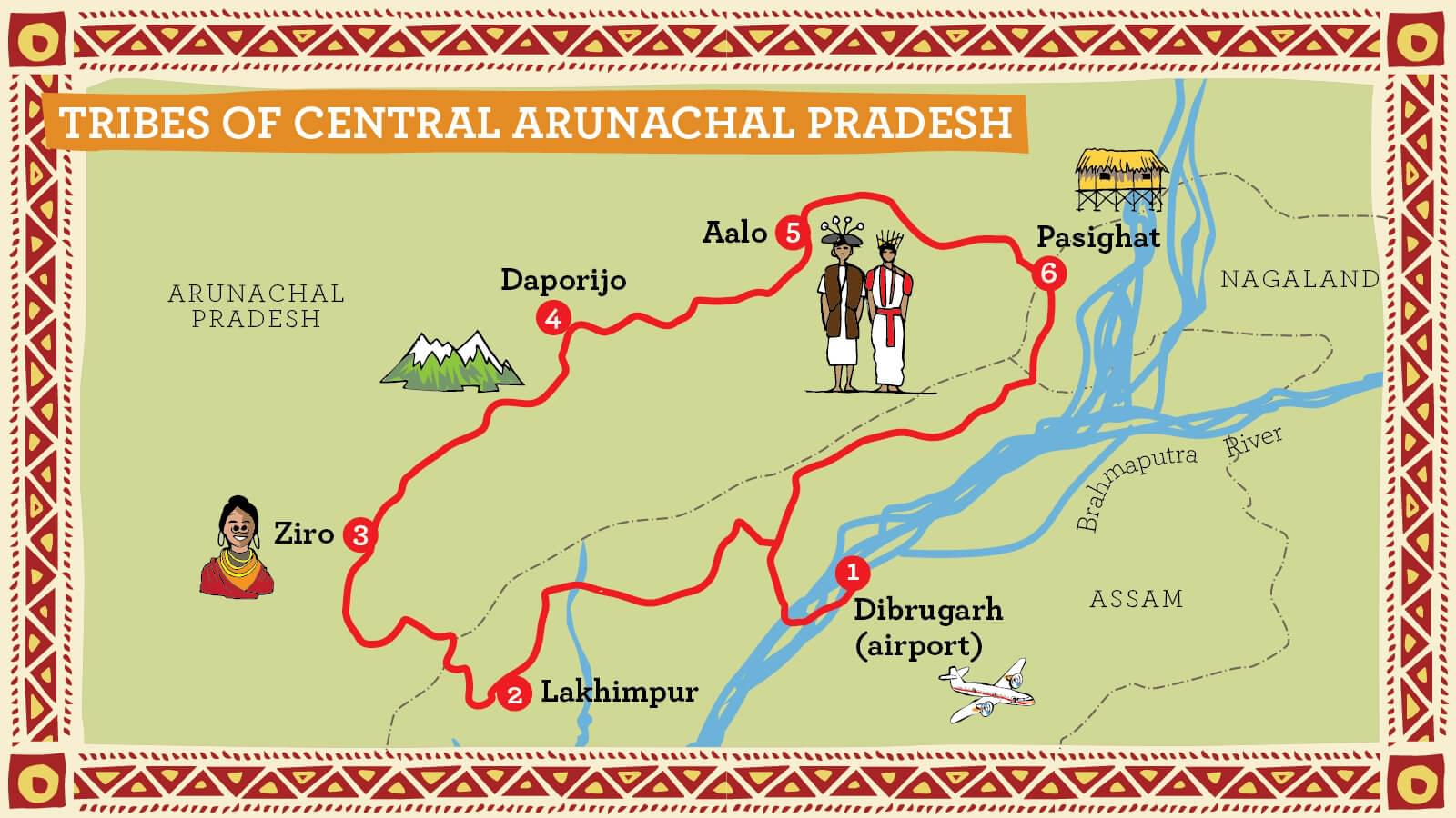 Illustrated Route Map for Tribal Tour of Arunachal Pradesh