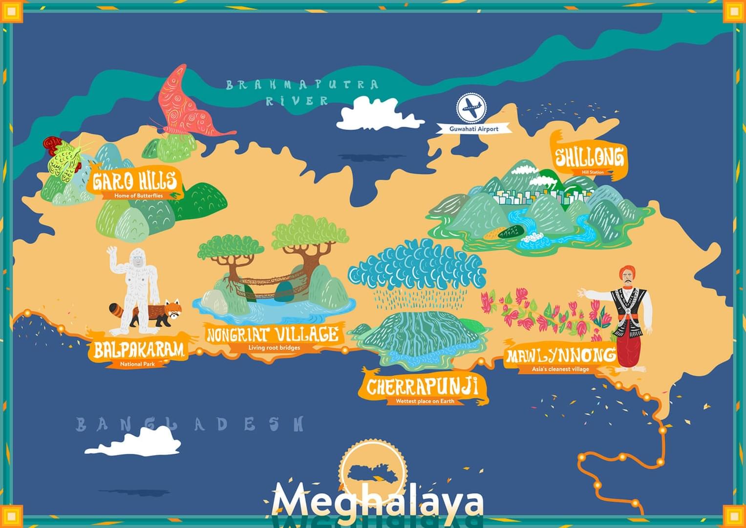 Illustrated Travel and Tourism Map of Meghalaya