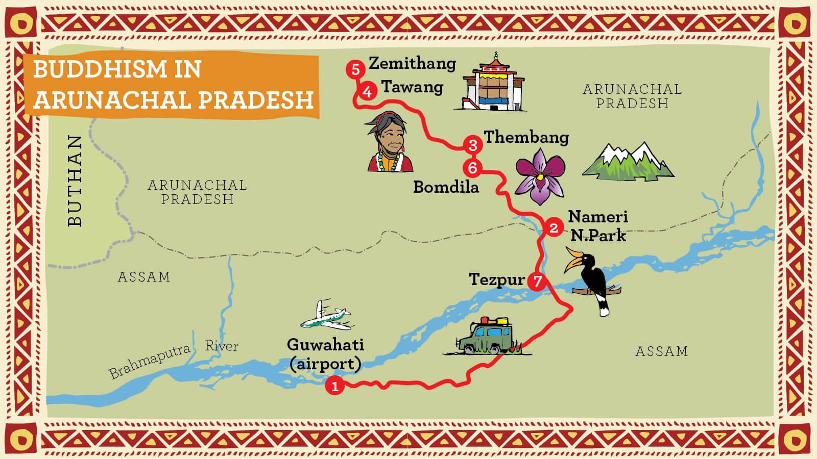 Illustrated Route Map - Tawang Tour - Travel in Arunachal Pradesh