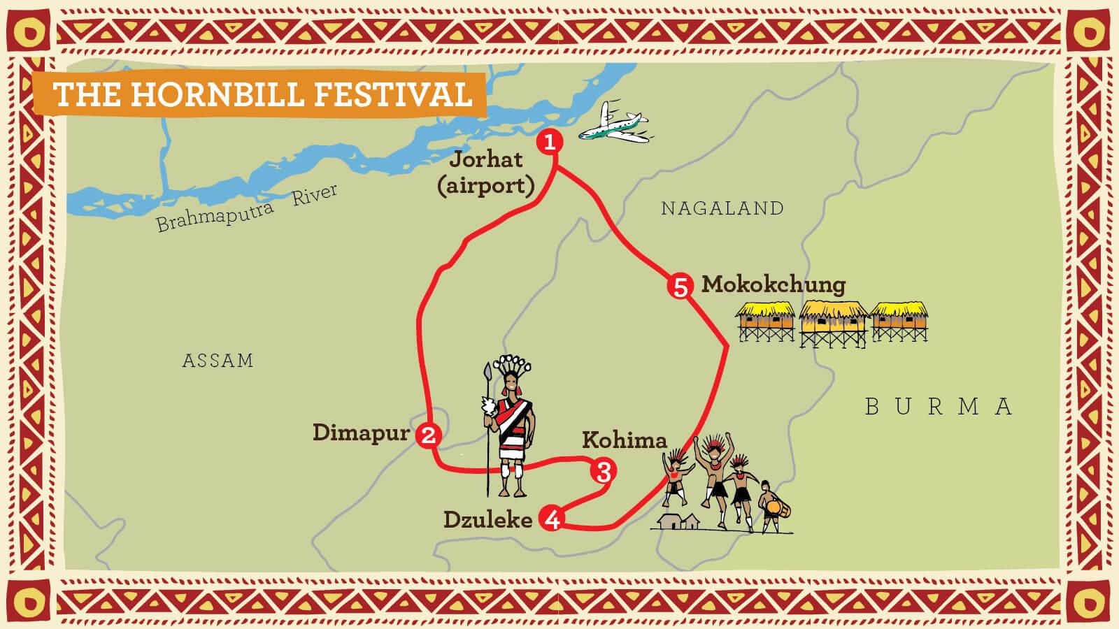 Illustrated Route Map for Hornbill Festival Tour
