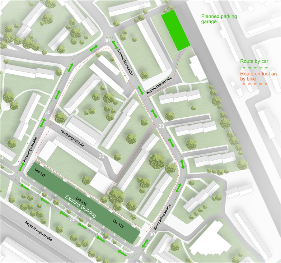 site plan of the parking garage and our selected building in the district of Ludwigsfeld in Nuremberg