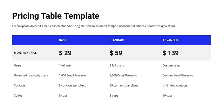 Pricing table with colored header CSS Template