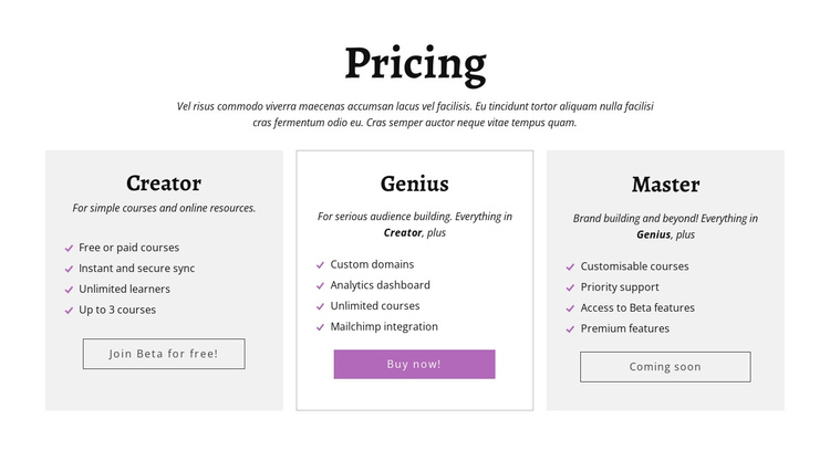 Creator ad other pricing plans One Page Template