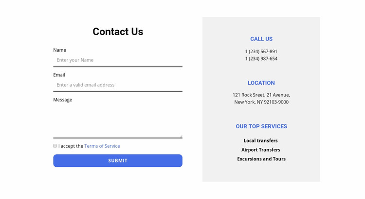 Contact form and contacts Website Mockup