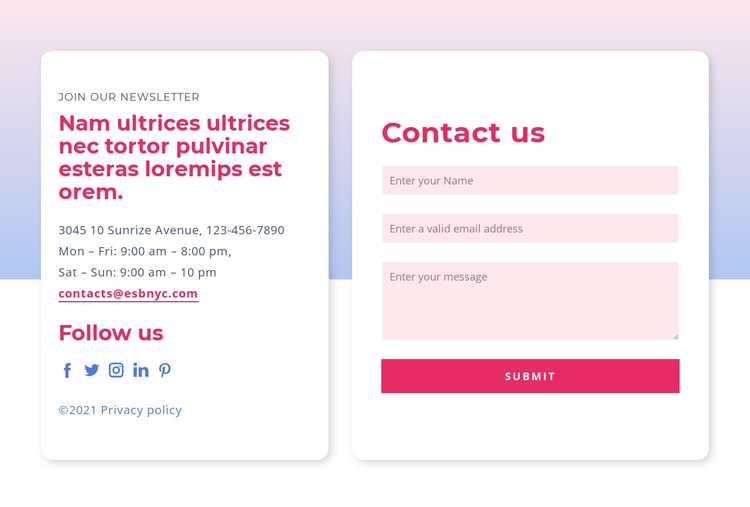 Contact form with gradient One Page Template