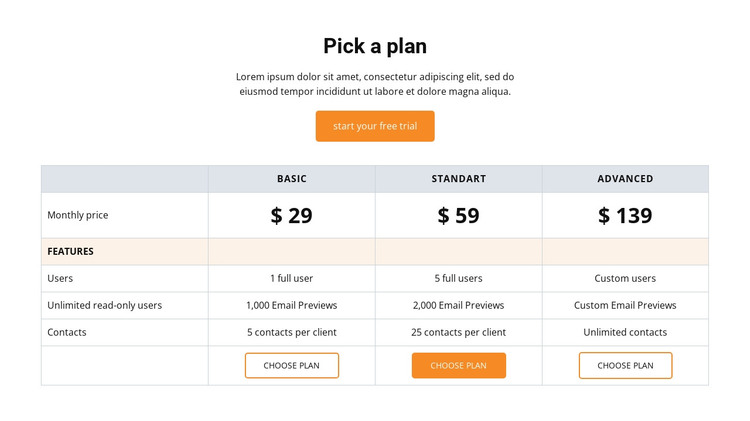 Pick a Plan HTML Template