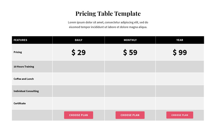 Picing Table One Page Template