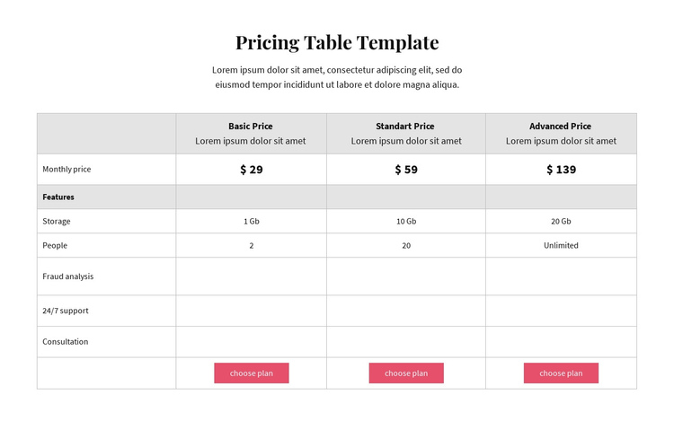 Pricing plans One Page Template
