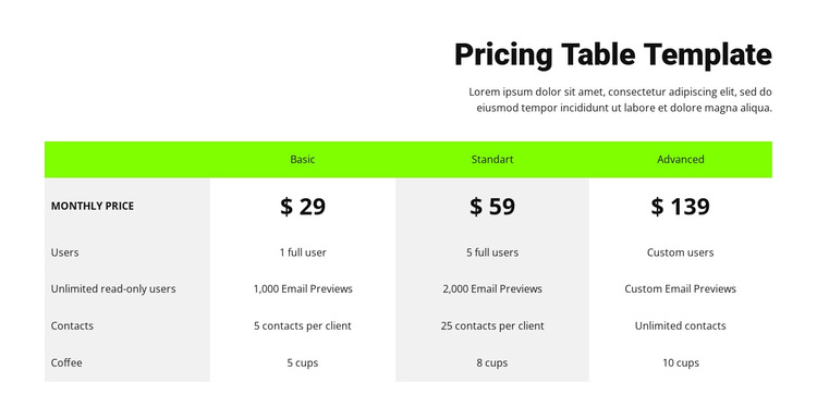 Pricing table with green header Template