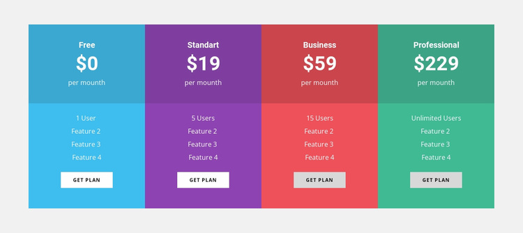 Colored pricing table Website Design